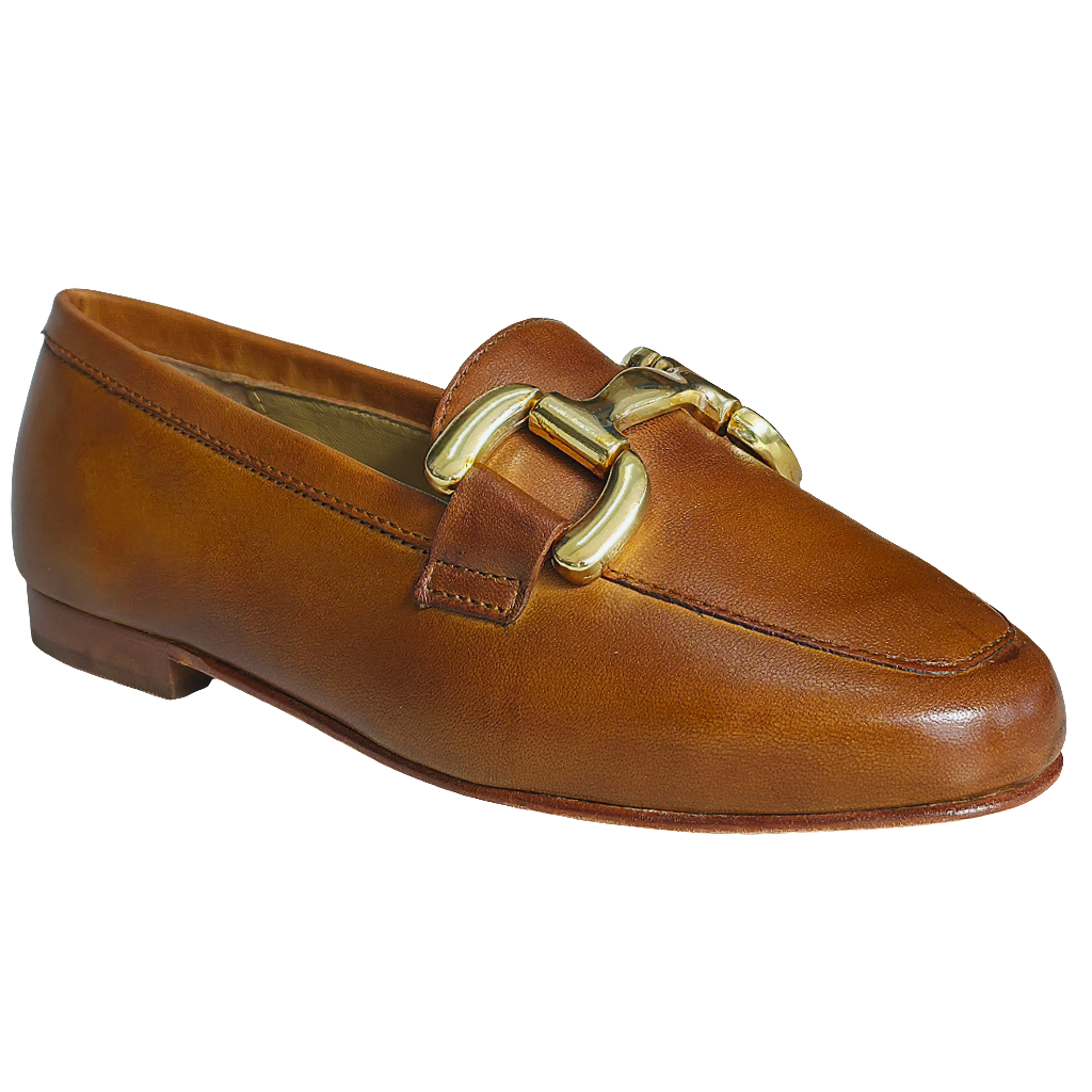 Pantofi dama din piele naturala maro, cu detalii aurii, din colectia Primavara/Vara 2025, flexibili si elegant