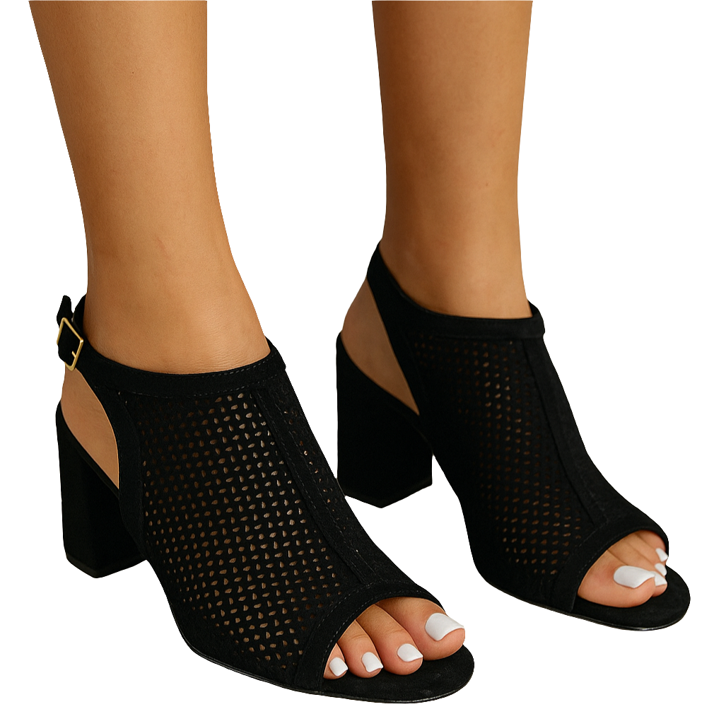 Sandale dama piele naturala intoarsa, Negru-Altramarea, tocuri de 8.5 cm, stil modern, confortabile, fabricate in Italia.