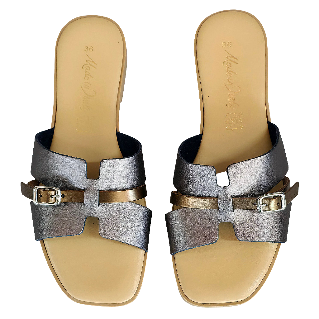 Papuci dama din piele naturala gri, Made in Italy, colectia Vara 2025, stil eleganta si confortabil.