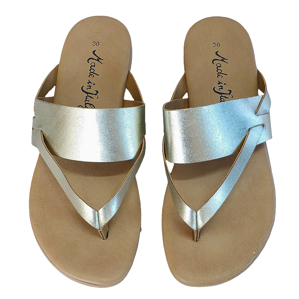 Papuci dama din piele naturala, auriu, Made in Italy, colectia Vara 2025, design elegant si confortabil.