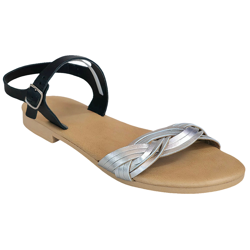 Sandale dama din piele naturala, negru si argintiu, confortabile, Made in Italy, Colectia Vara 2025.