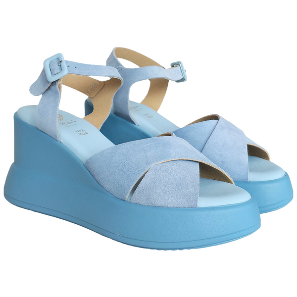 Blue suede women's sandals with a memory foam insole, 8 cm heel, stylish and lightweight, made in Italy.