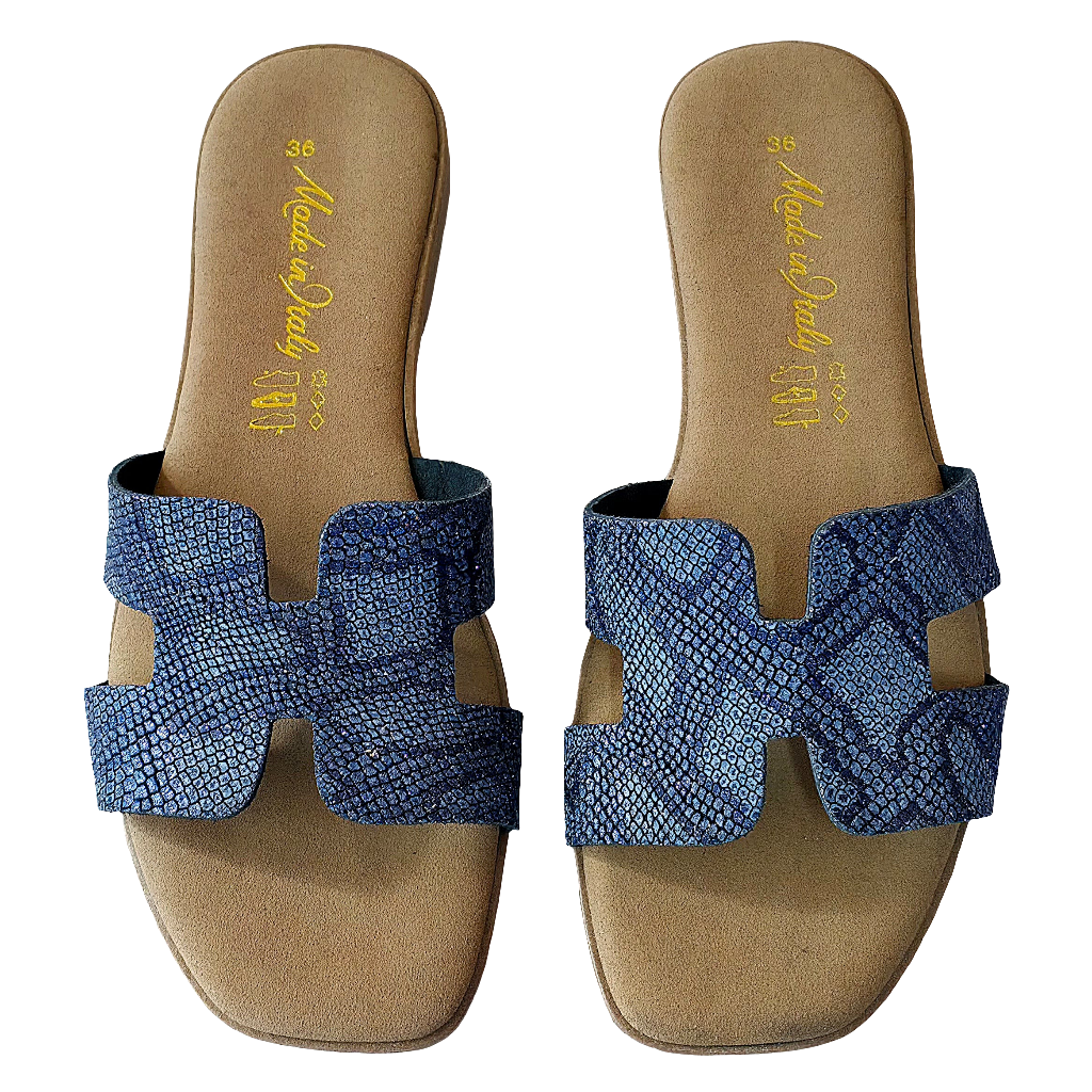 Albastru papuci dama din piele naturala, Made in Italy, pentru Vara 2025, model elegant si confortabil.