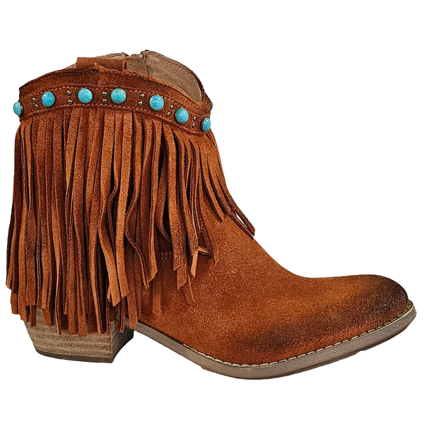 Ciocate dama din piele intoarsa maro roscat cu franjuri si detalii turcoaz, made in Italy, inaltime toc 4.5 cm.