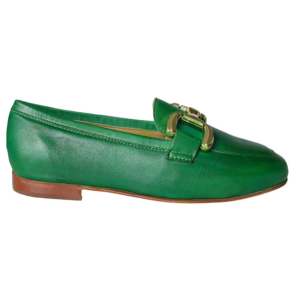 Pantofi dama din piele naturala verde, cu detaliu aurit, talpa flexibila, din colectia Primavara/Vara 2025.