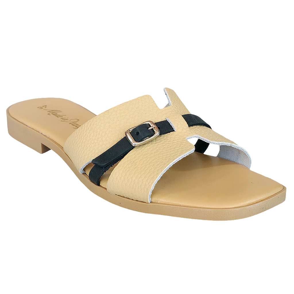 Papuci dama din piele naturala nude cu detalii negre, Made in Italy, colectia Vara 2025, ideale pentru sezonul cald.