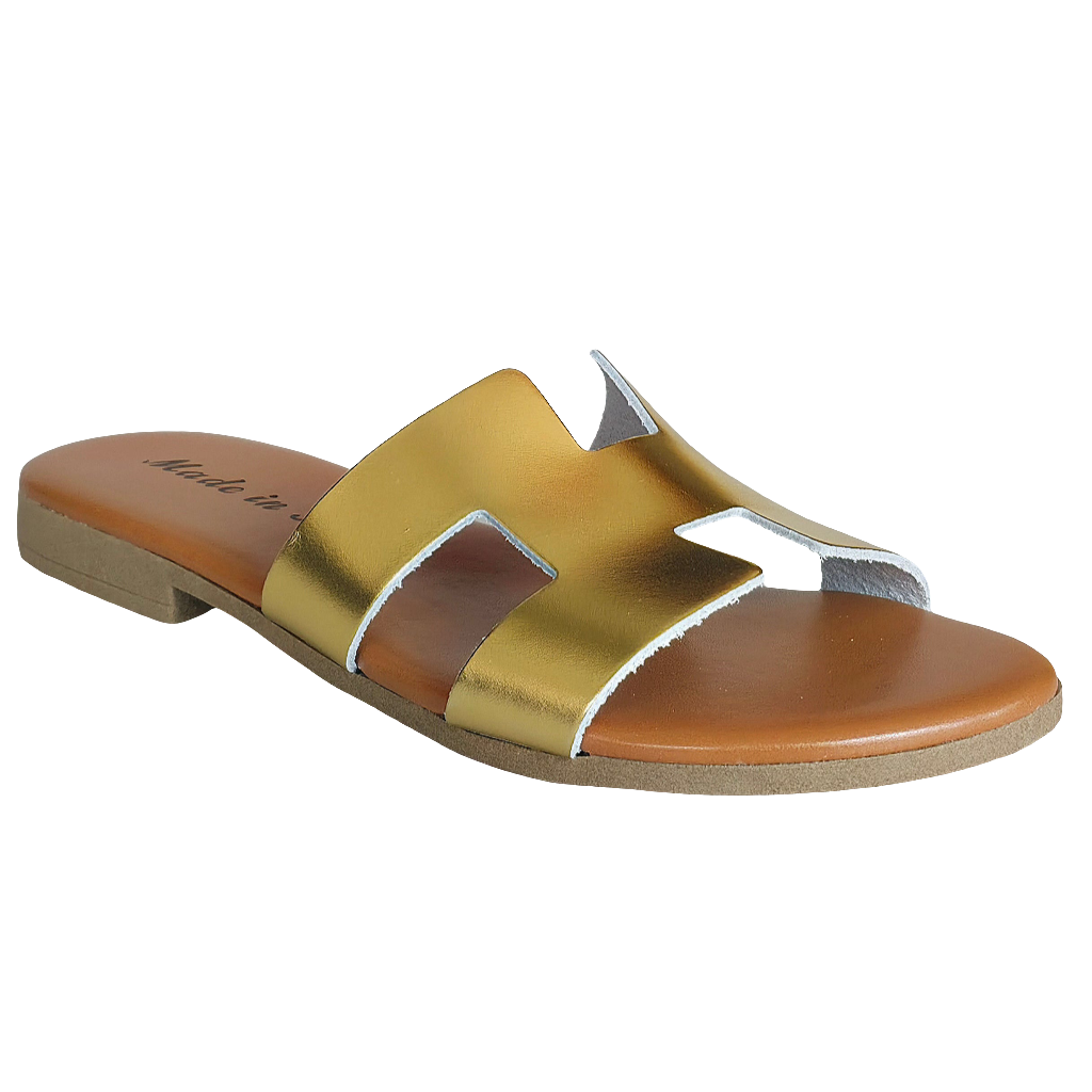 Papuci dama aurii din piele naturala, eleganți și confortabili, Made in Italy, colectia Vara 2024, Art 999 Laminato Oro.