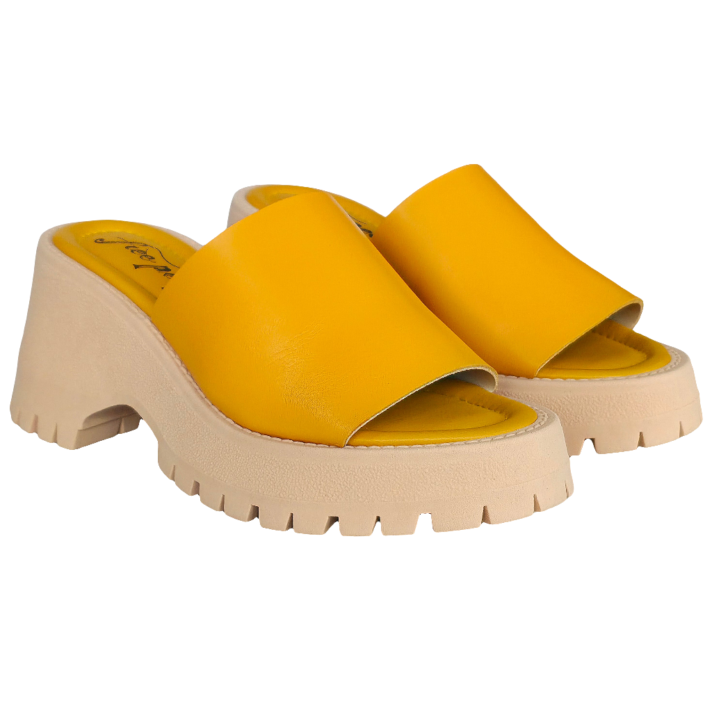 Papuci dama din piele naturala galben mustar, platforma de 8.5 cm, ideale pentru vara 2025, stil Free People.