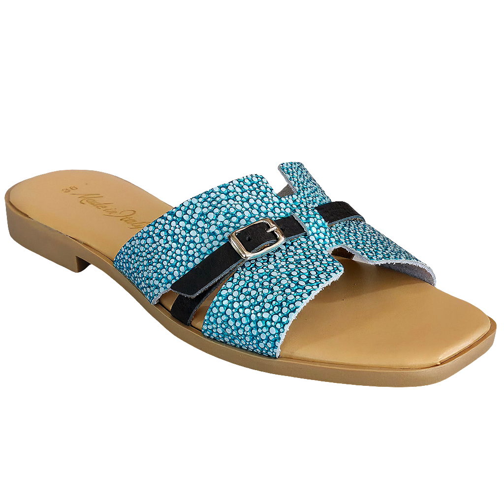 Papuci dama bleu din piele naturala, confortabili, Made in Italy, colectia Vara 2025, Manuela Verde-R13.