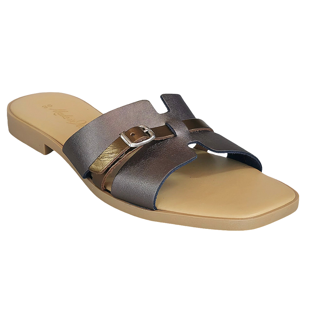 Papuci dama din piele naturala gri, design elegant, cu catarama, Made in Italy, colectia Vara 2025.