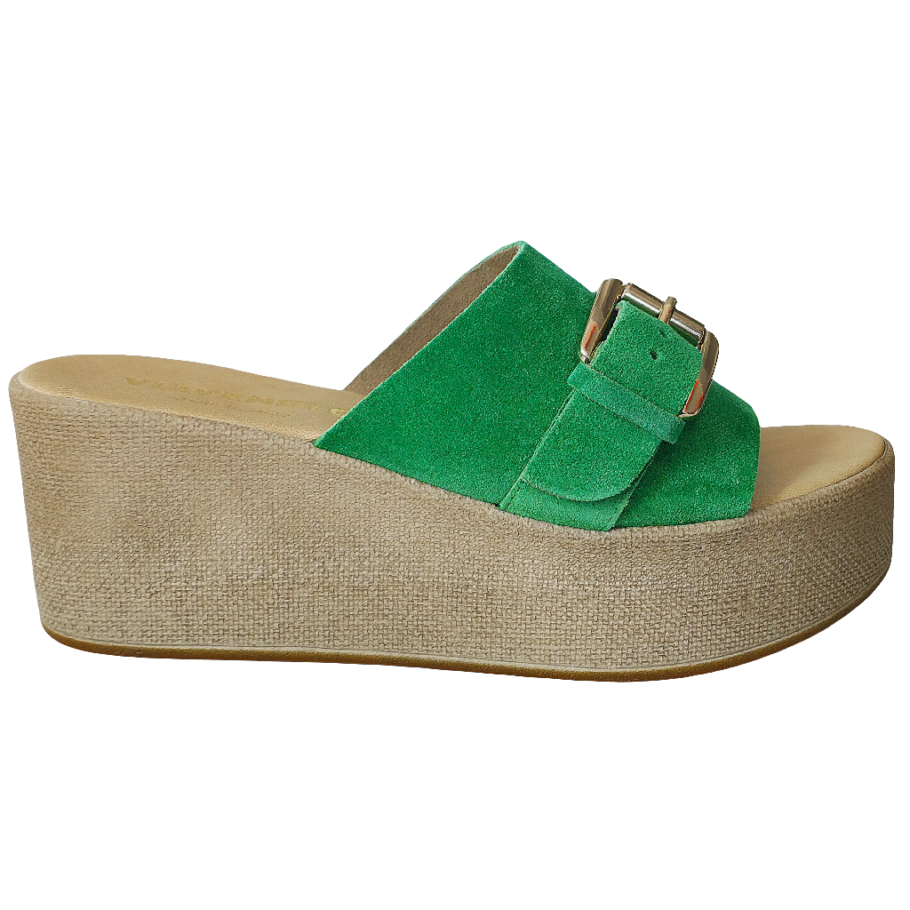 Papuci dama din piele naturala intoarsa, verde, cu platforma, Made in Italy, Colectia Vara 2025, Claudia Verde.