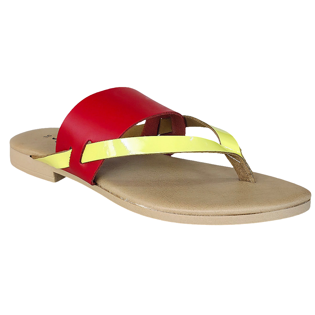 Papuci dama din piele naturala rosu si galben, Made in Italy, colectia Vara 2025, design elegant.