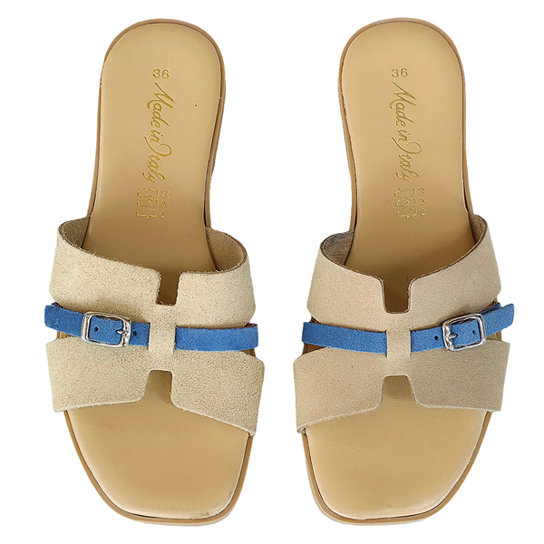 Papuci dama piele naturala intoarsa bej cu detalii albastre, Made in Italy, Colectia Vara 2025, stil elegant.