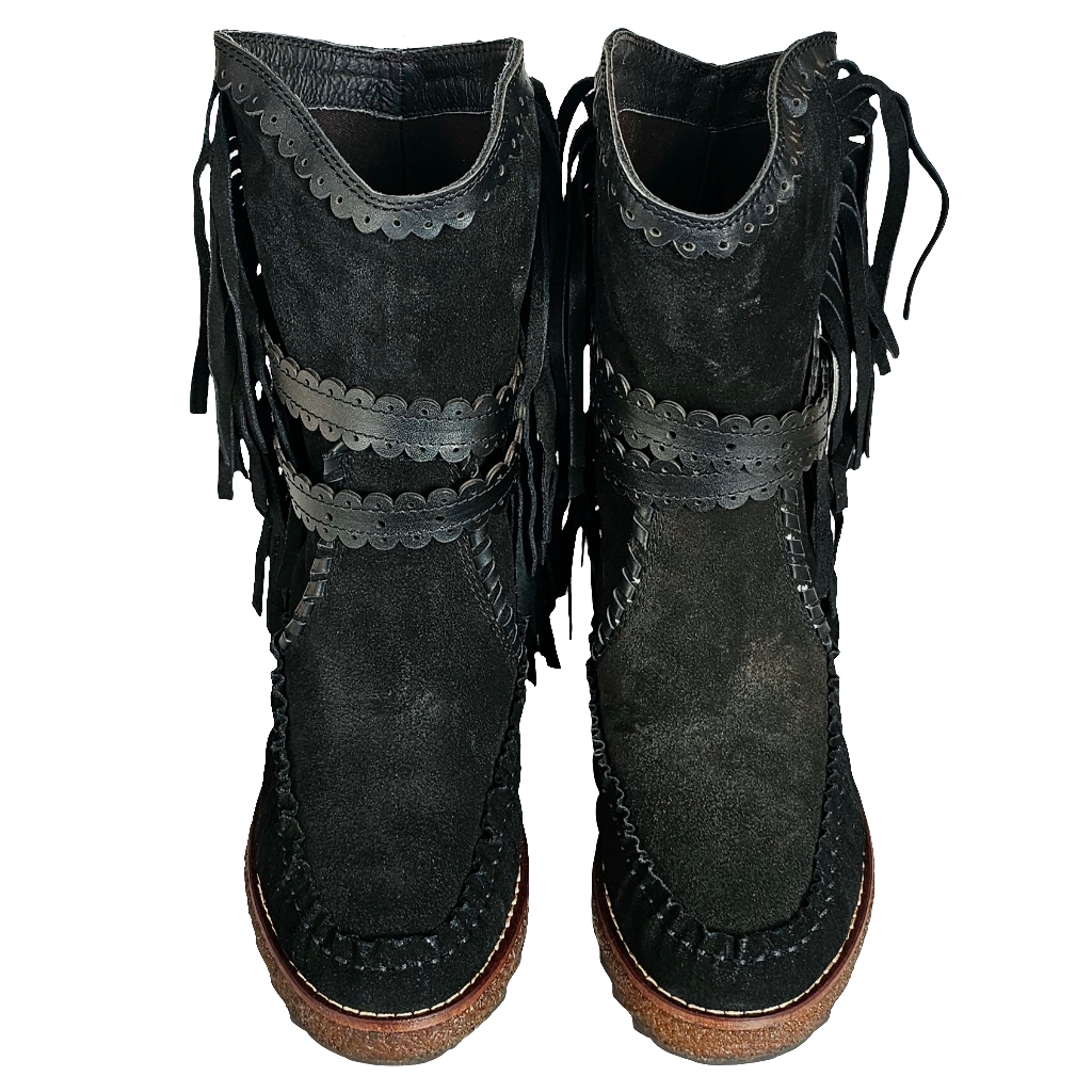 Ghete dama din piele naturala intoarsa negru, cu franjuri, inaltime talpa 2.5 cm, colectia Toamna-Iarna 2024, Made in Italy.