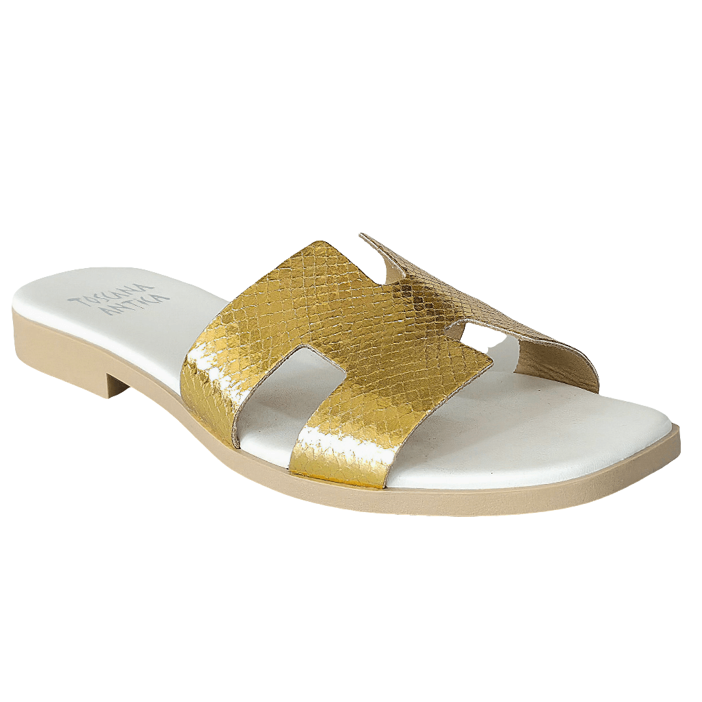 Papuci dama din piele naturala auriu, stil elegant, Made in Italy, perfecti pentru vara 2024.