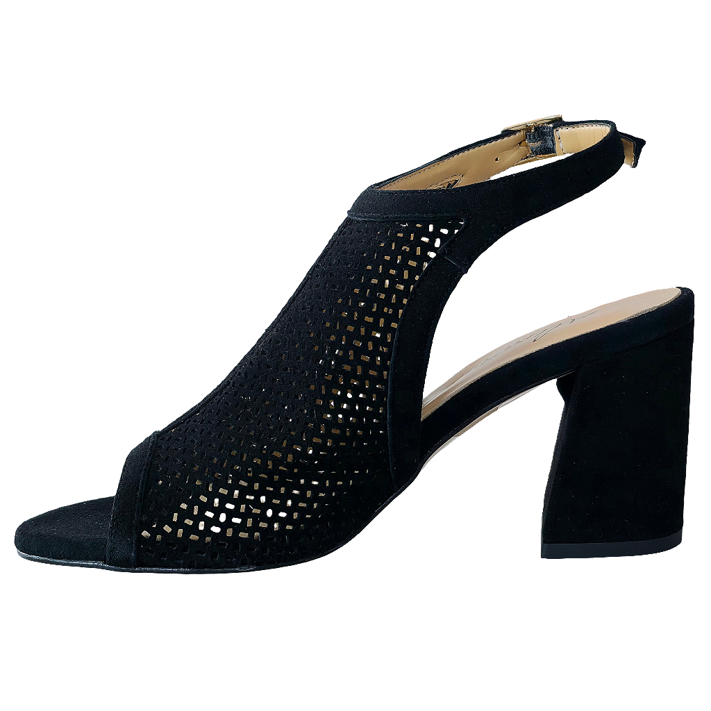 Sandale dama din piele intoarsa, negru, cu toc de 8.5 cm, design elegant si modern, colectia Vara 2025, fabricate in Italia.