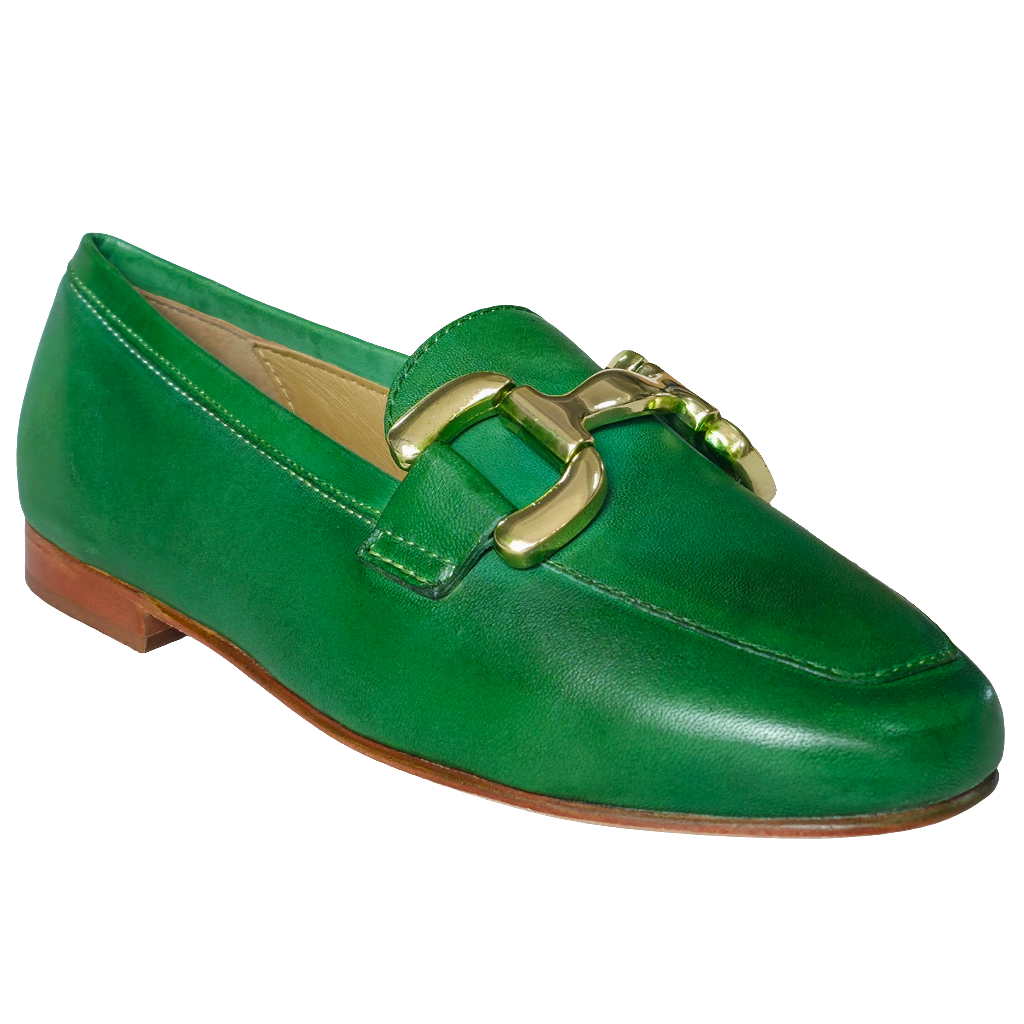 Pantofi dama din piele naturala, verde, cu detalii aurii, colectionati in stil Primavara/Vara 2025.