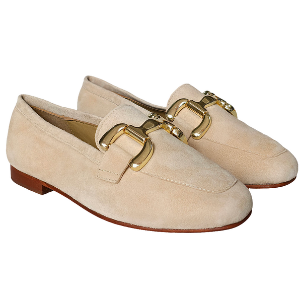 Pantofi dama nude din piele naturala intoarsa cu detalii aurii, talpa flexibila, Colectia Primavara/Vara 2025.