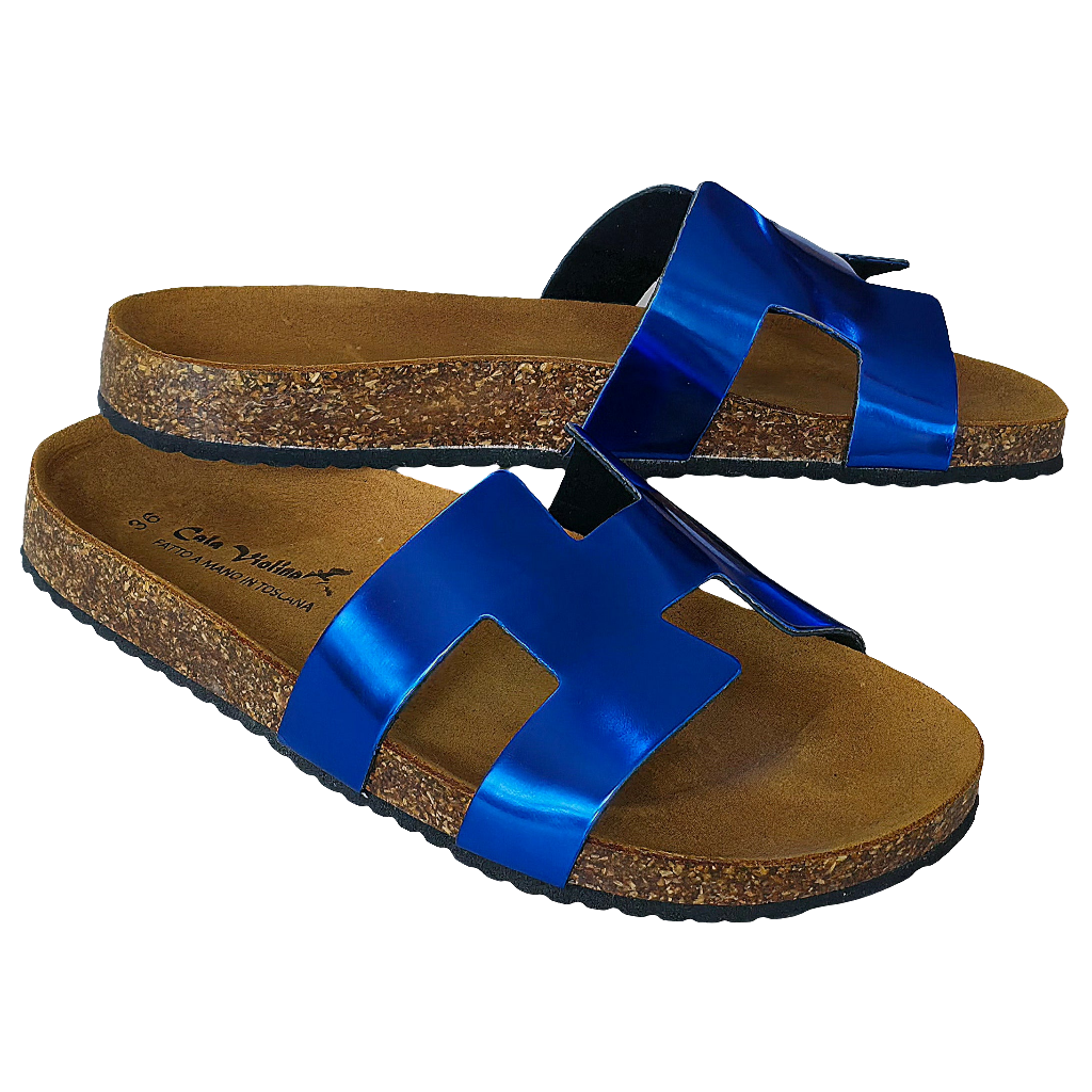 Papuci dama albastru sidef din piele naturala, made in Italy, colectia Vara 2025, confortabili si eleganti.