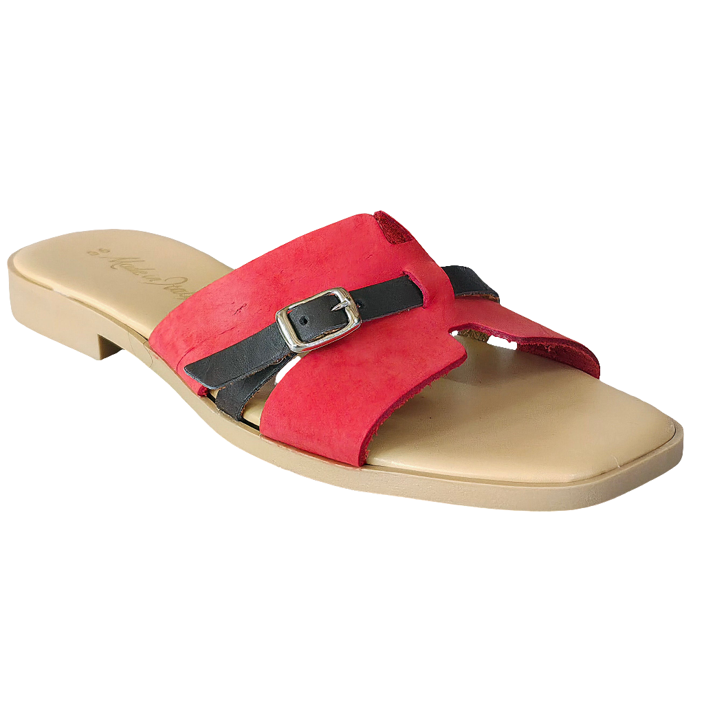 Papuci dama din piele naturala nabuk rosie cu detalii negre, Made in Italy, colectia Vara 2025, Manuela Rosso.