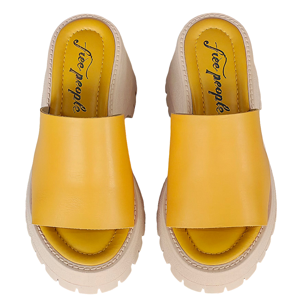 Papuci dama din piele naturala galben mustar Free People, Winona Wedge Sandal, platforma de 8.5 cm, stil vara 2025.