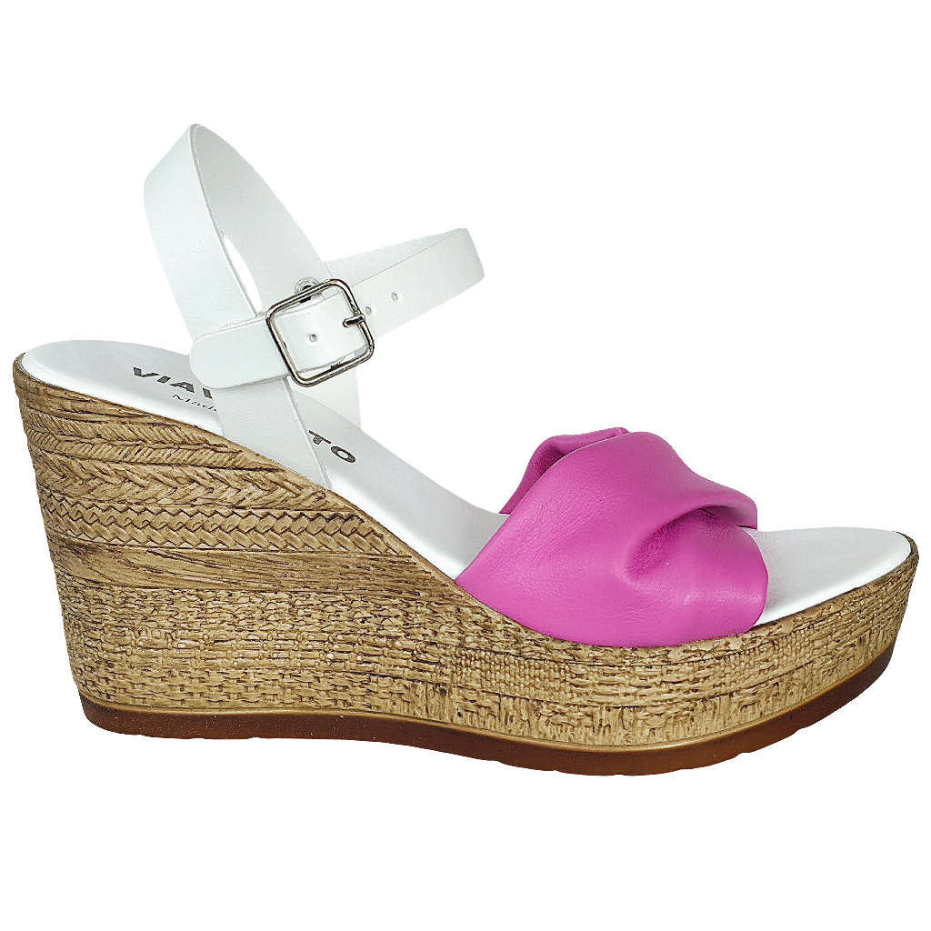 Sandale dama din piele naturala, alb cu fucsia, platforma de 9,5 cm, Made in Italy, colectia Vara 2025