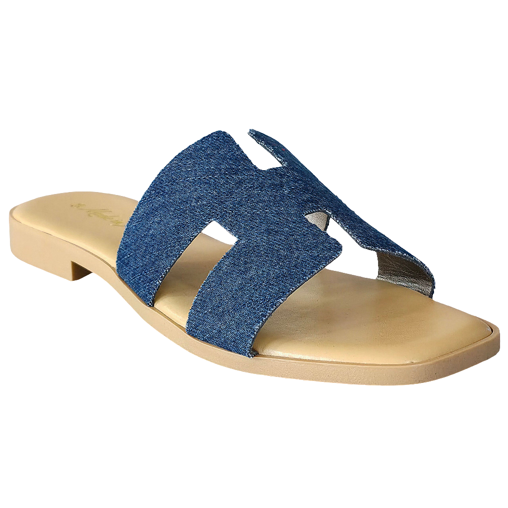 Papuci dama din piele naturala si textil, jeans, confortabili, Made in Italy, Colectia Vara 2025.