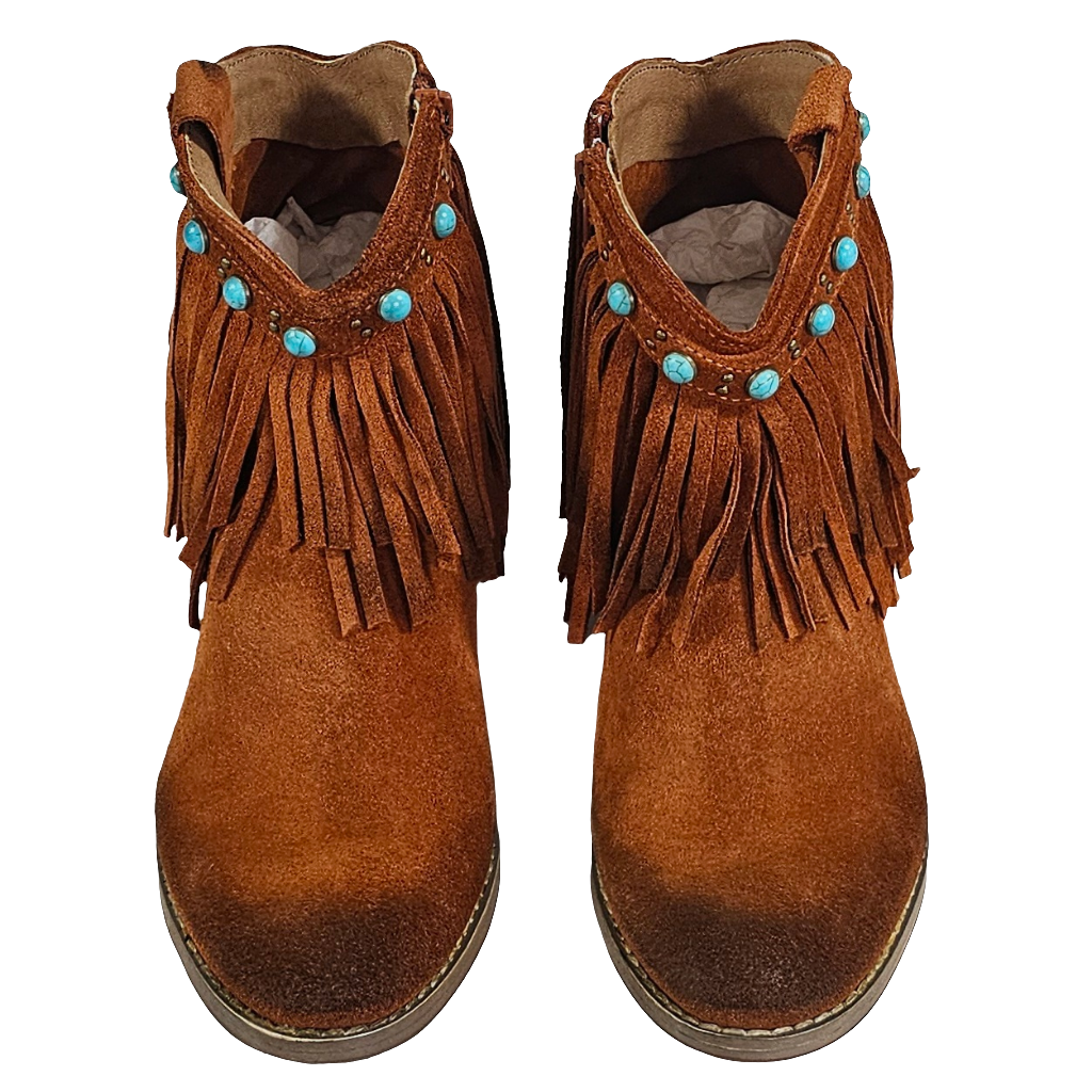 Ciocate dama din piele naturala intoarsa maro roscat cu franjuri si detalii turcoaz, stil boho, Toamna 2024.