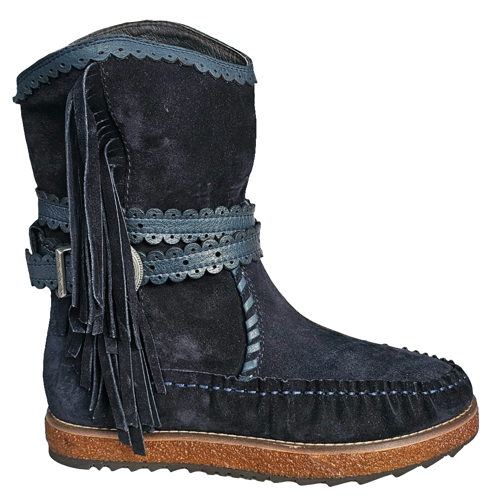 Ghete dama din piele naturala intoarsa, bleumarin, cu franjuri si model tubular, inaltime 22 cm.