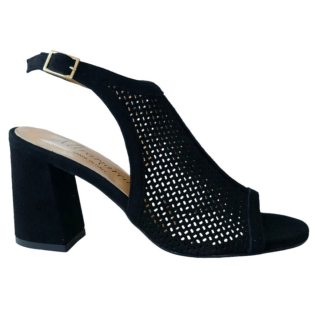 Sandale dama din piele naturala intoarsa, negru, cu toc de 8.5 cm, din colectia Vara 2025, confortabile si elegante.