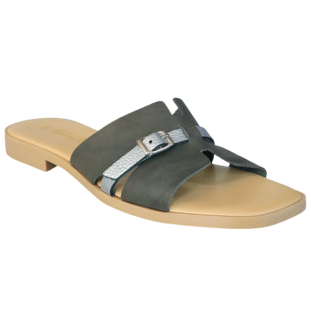 Papuci dama din piele naturala gri, cu detalii metalice, Made in Italy, colectionare vara 2025