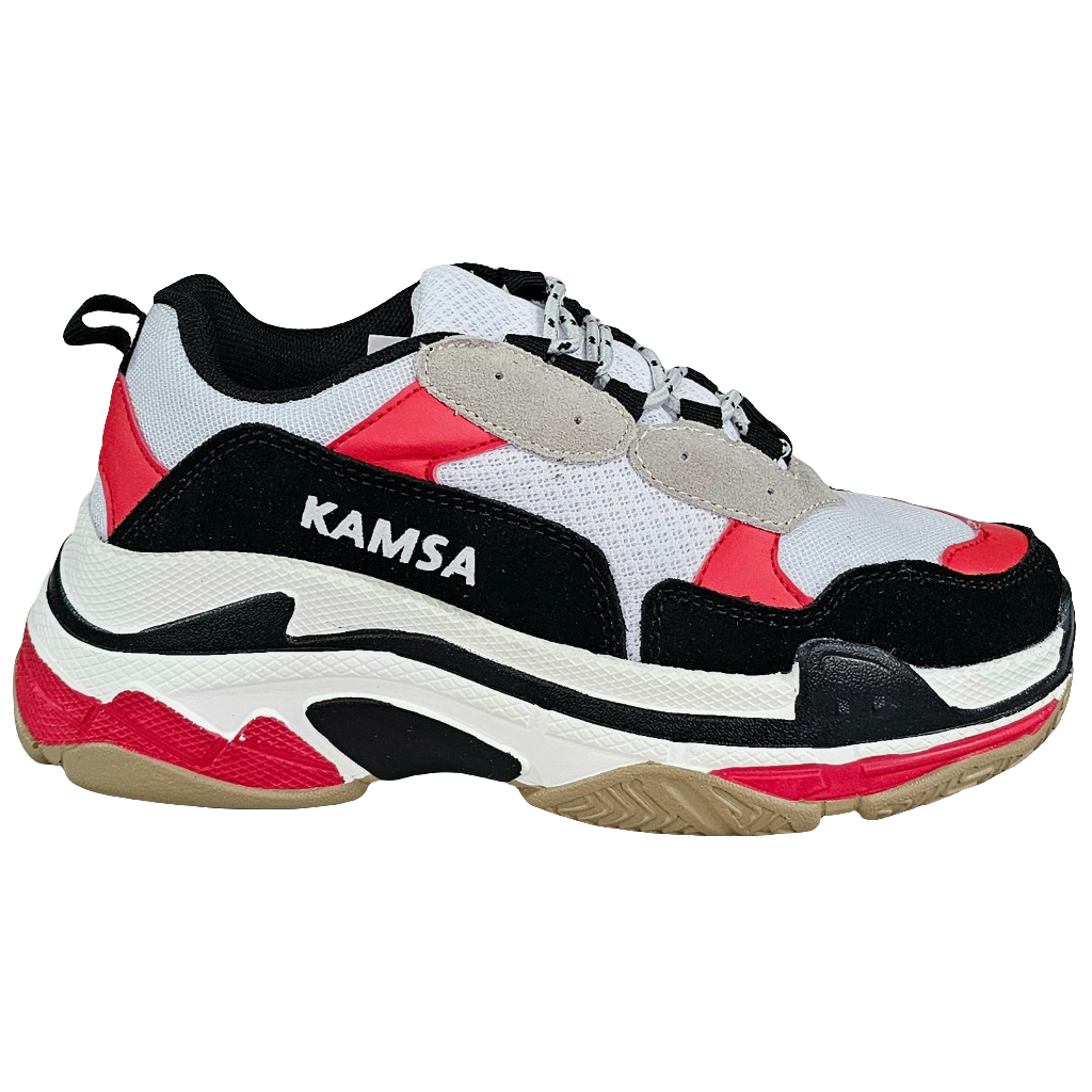 Pantofi sport unisex din piele naturala Kamsa, talpa usoara, colectia vara 2021, design modern in alb si rosu.