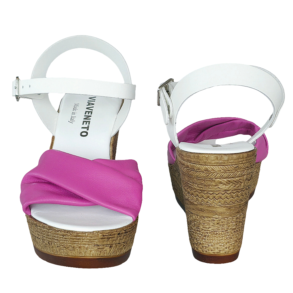 Sandale dama din piele naturala alb/fucsia, platforma de 9,5 cm, Made in Italy, colectia Vara 2025.