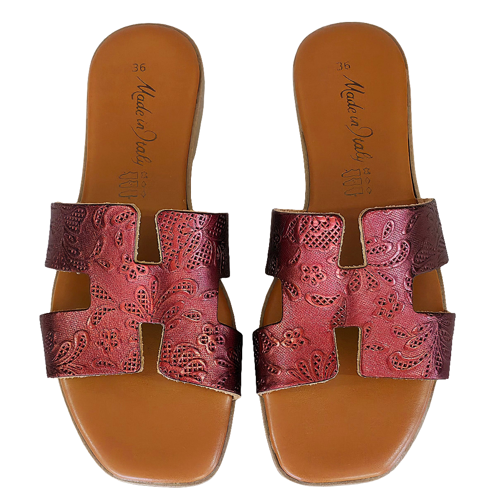 Papuci dama din piele naturala bordo, model elegant, Made in Italy, Colectia Vara 2025, confortabili pentru sezonul cald.