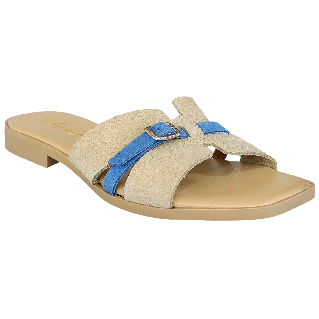 Papuci dama bej din piele naturala intoarsa cu detalii albastre, Made in Italy, colectia Vara 2025.
