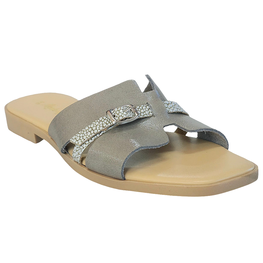 Papuci dama din piele naturala gri, cu detalii elegante, Made in Italy, Colectia Vara 2025, Manuela Agrigio-R14.