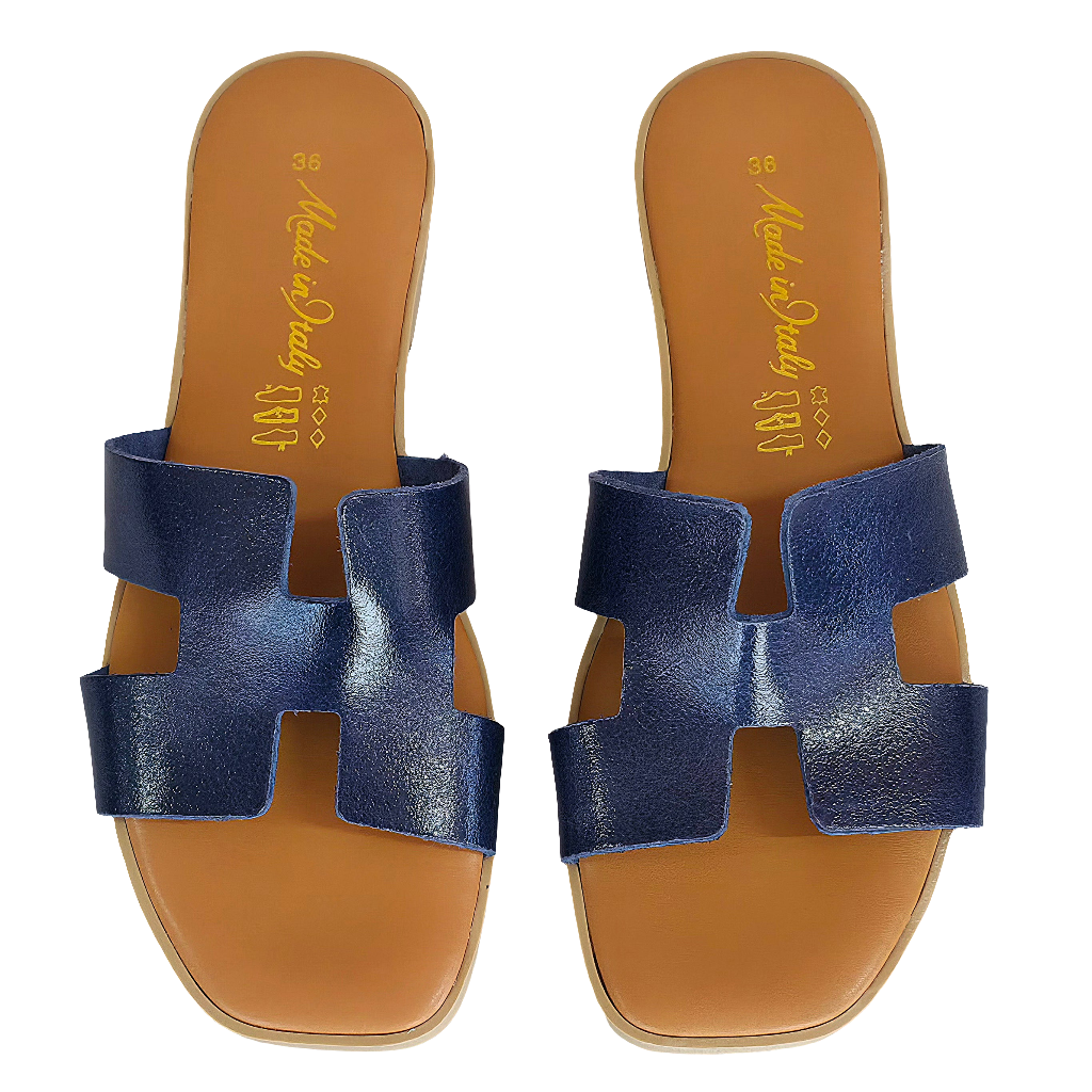 Papuci dama din piele naturala albastri, Made in Italy, moda vara 2025, model H Blu Notte-R13, confortabili si eleganti.