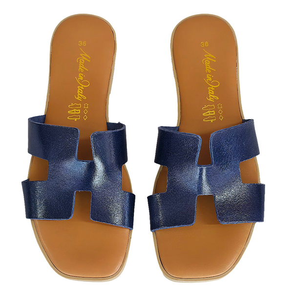 Papuci dama din piele naturala albastri, Made in Italy, moda vara 2025, model H Blu Notte-R13, confortabili si eleganti.