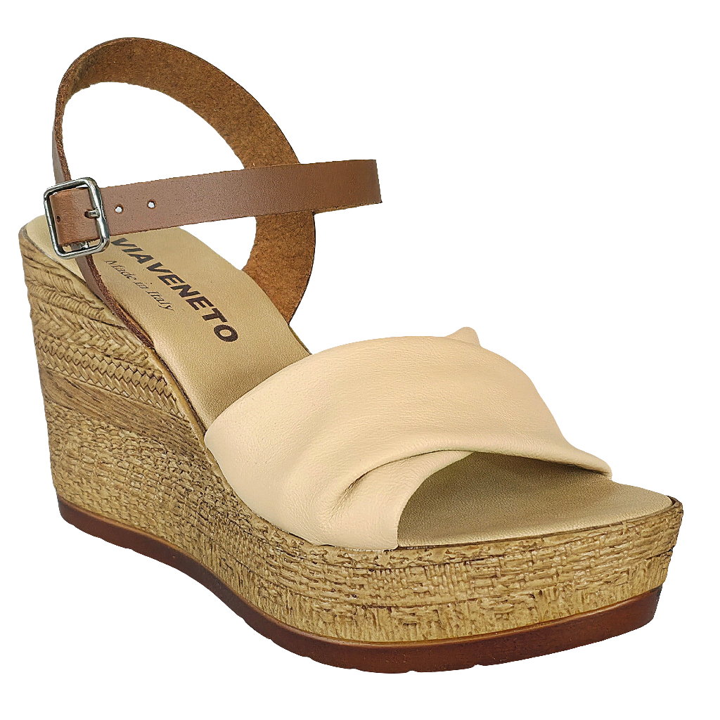 Sandale dama din piele naturala crem cu platforma, Maro/Crem-Made in Italy, Colectia Vara 2025