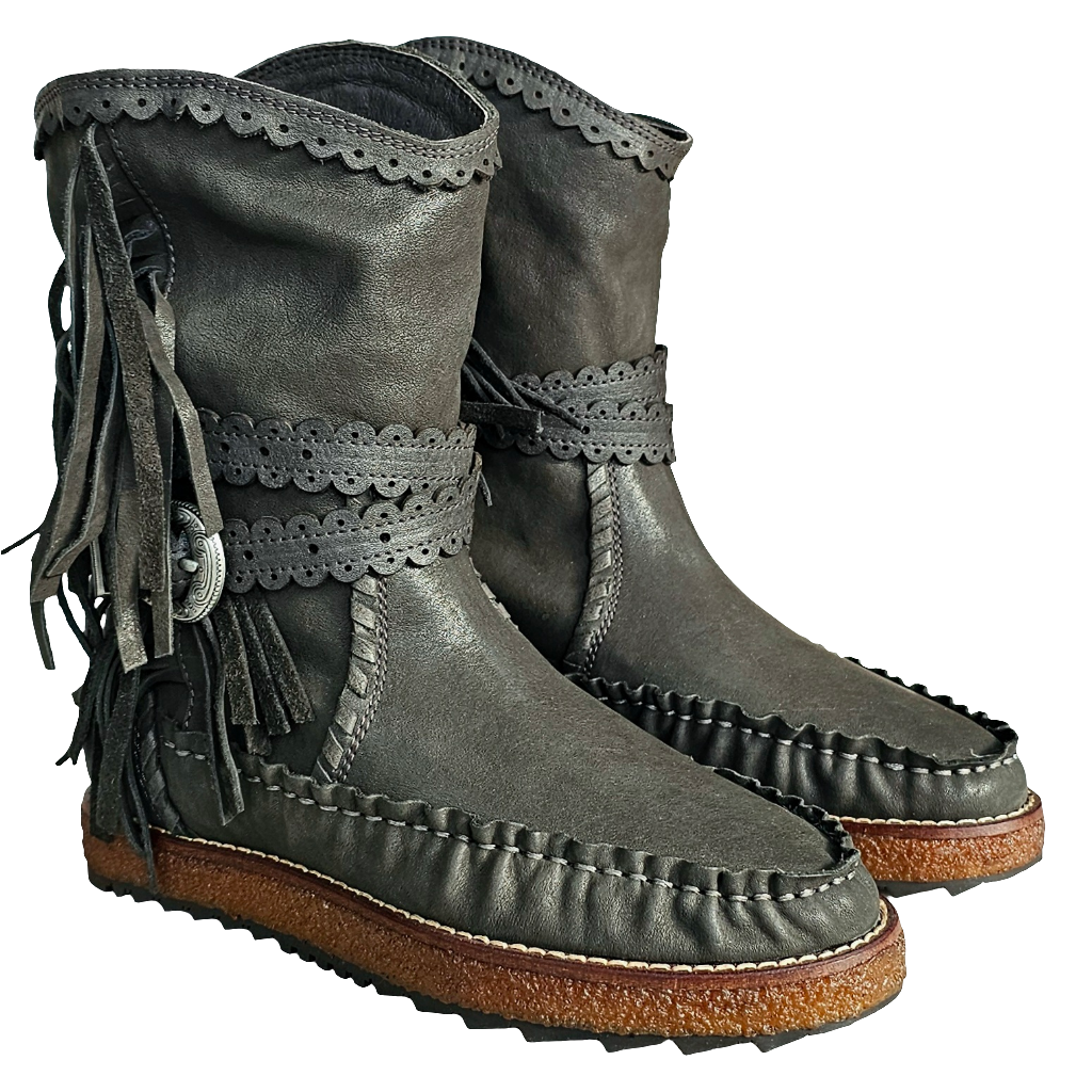 Ghete dama din piele naturala gri, model tubular cu franjuri, Colectia Toamna Iarna 2024, Made in Italy.