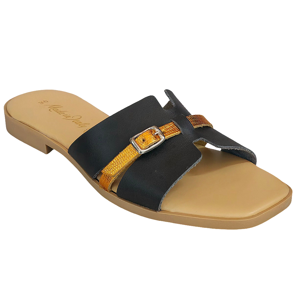 Papuci dama din piele naturala, maro/portocaliu, cu catarama, Made in Italy, Colectia Vara 2025.