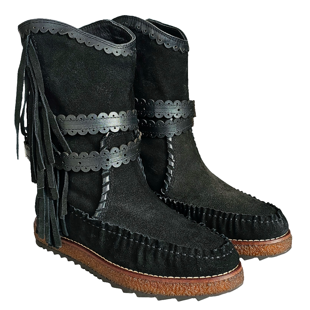 Ghete dama din piele naturala intoarsa, negru, cu franjuri si detalii decorative, model tubular, Colectia Toamna Iarna 2024.