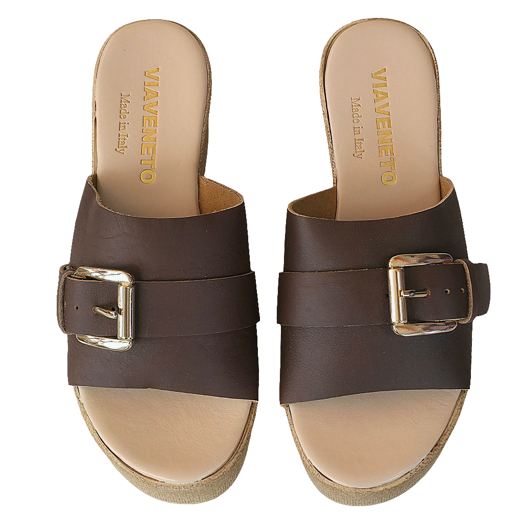 Papuci dama din piele naturala, maro, cu catarama, Made in Italy, colectia Vara 2025, stil elegant.