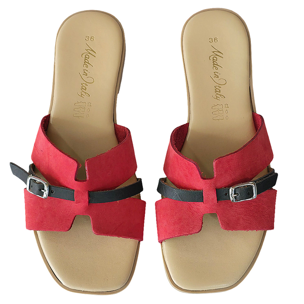 Papuci dama din piele nabuk rosie, cu banda neagra, Made in Italy, perfecti pentru vara 2025.