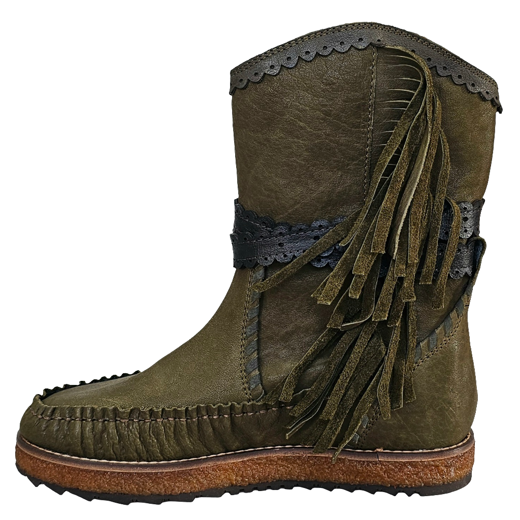 Ghete dama din piele naturala verde kaki, model tubular, cu franjuri, Colectia Toamna Iarna 2024, Made in Italy