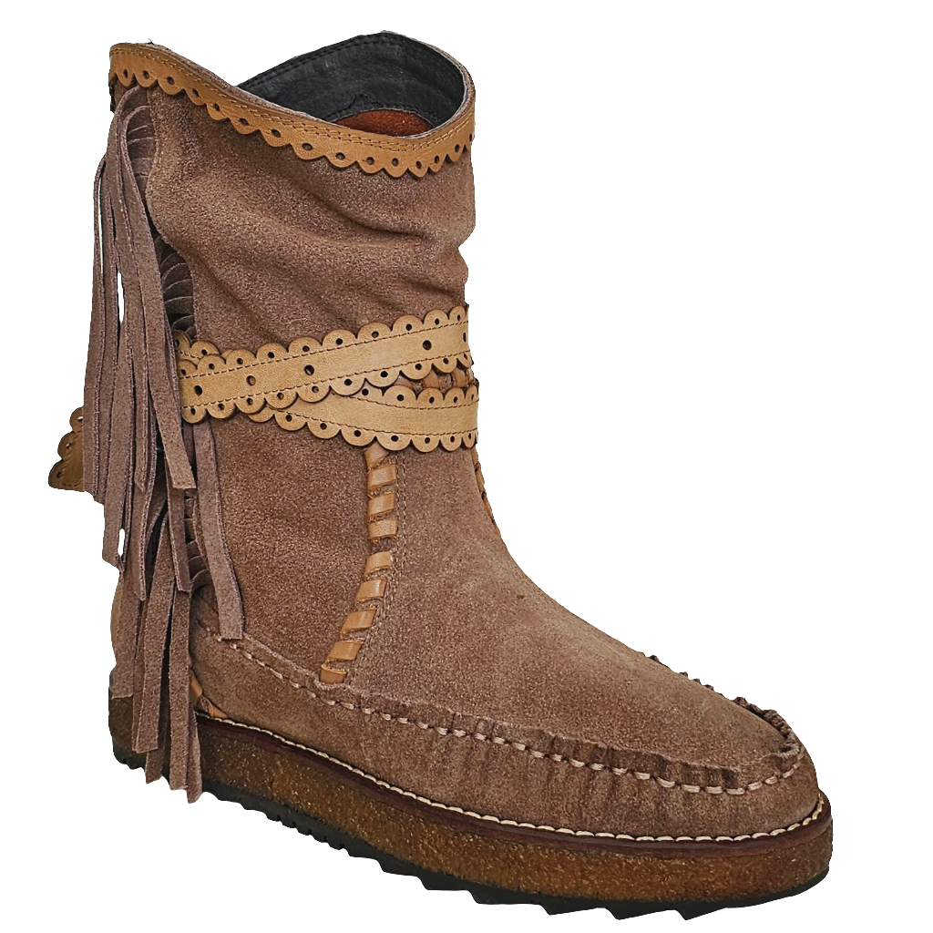 Ghete dama din piele naturala intoarsa, maro roscat si bej, cu detalii decorative, Colectia Toamna Iarna 2024.