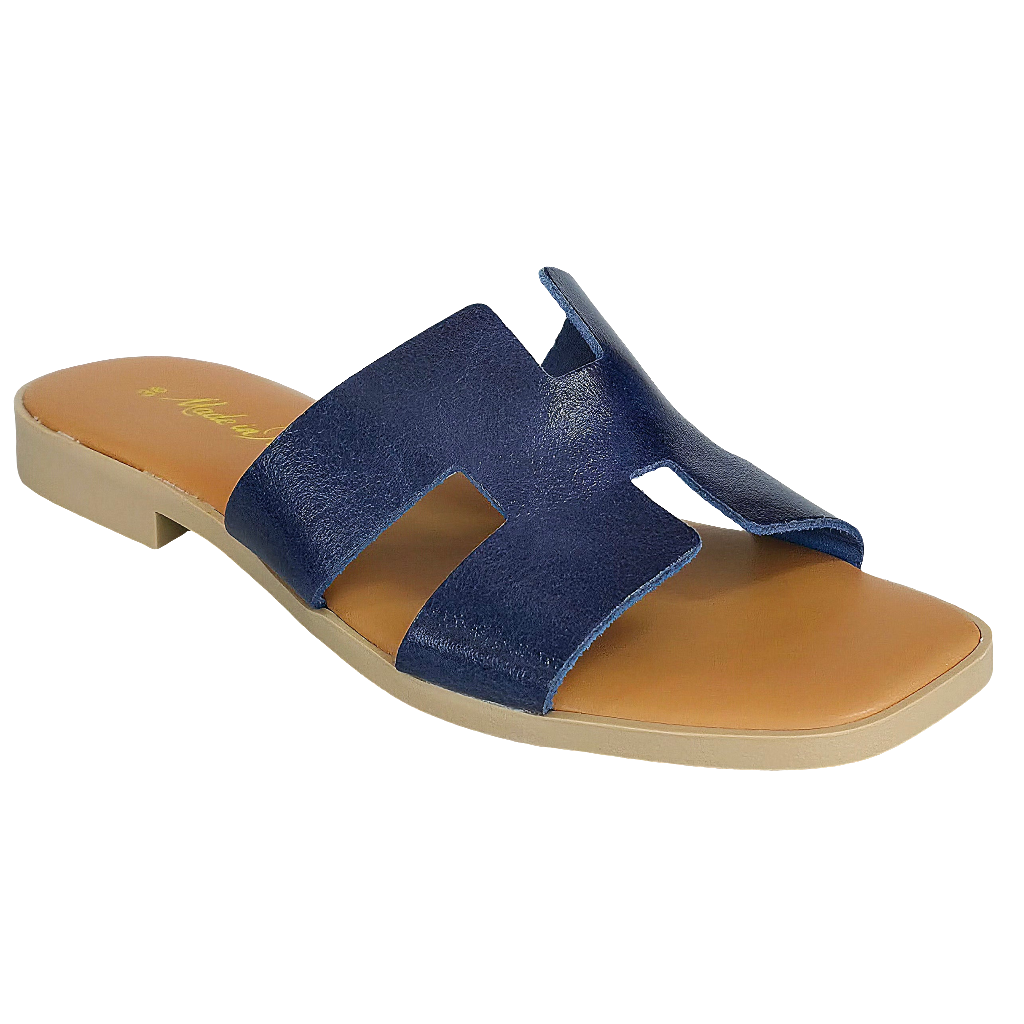 Papuci dama din piele naturala, Albastru, design modern, Made in Italy, Colectia Vara 2025, confort si stil