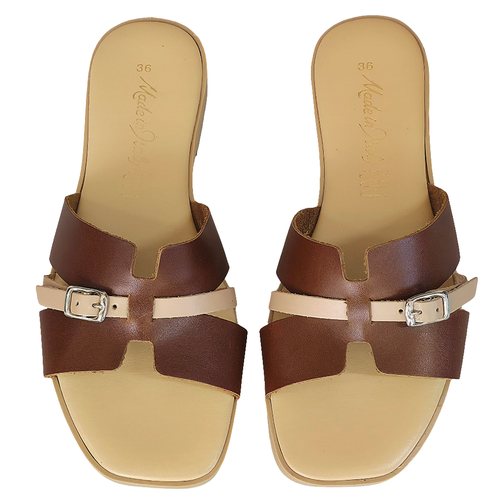 Papuci dama din piele naturala maro, Manuela Cuoio, Made in Italy, casual summer sandals, stylish footwear 2025.