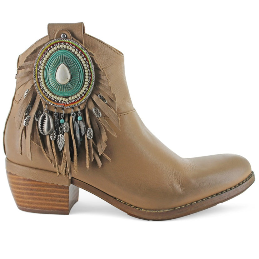 Cappuccino Rebecca White leather ankle boots with decorative fringe and turquoise embellishments, 4.5 cm heel, made in Italy.