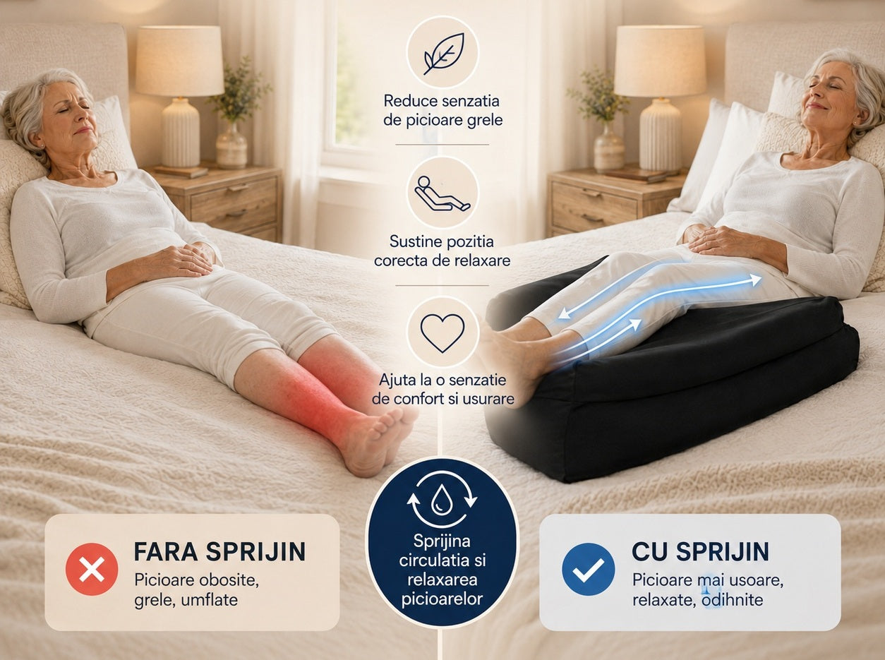 Femeie relaxată cu picioarele ridicate pe perna mediFLEX